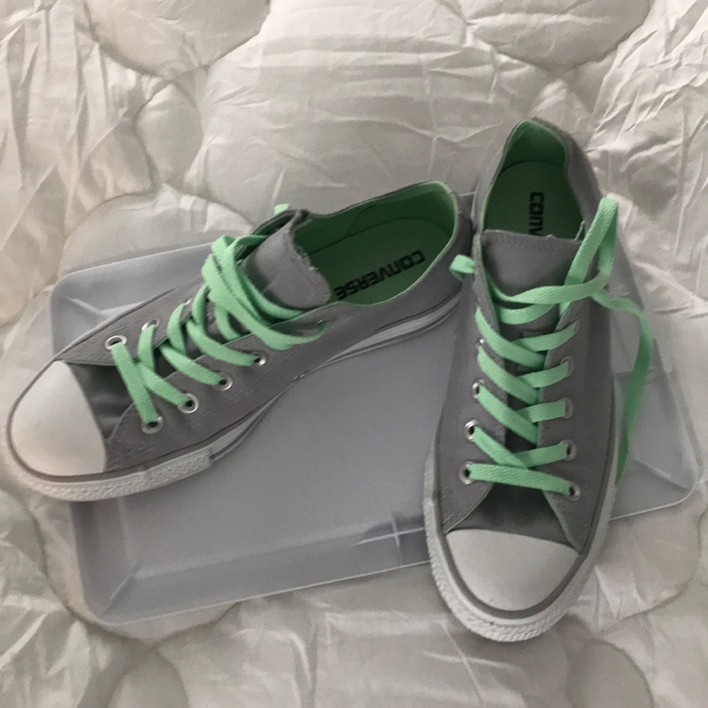 Converse tennis shoes, gray with lime laces